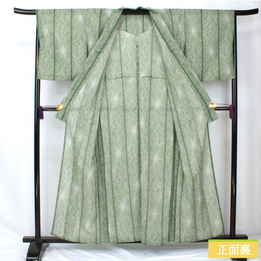 夏物 ポリエステル 小紋 身丈158cm 裄丈66cm 夏虫色(なつむしいろ) 乱菊 洗える着物 紗 Sランク 緑系 1132002162319