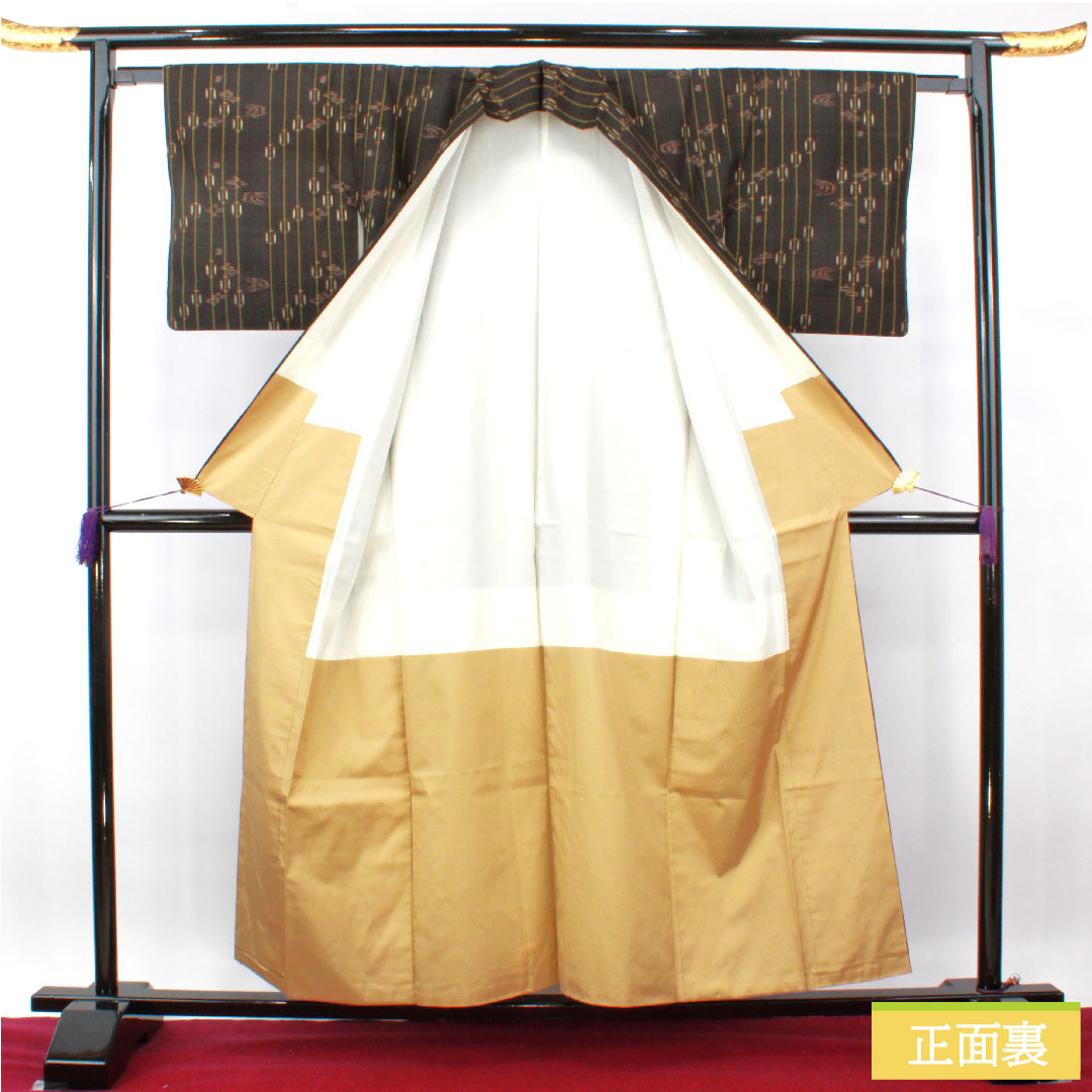 紬 正絹 身丈156.5cm 裄丈63cm 黒鼠色(くろねずいろ) 久米島紬 重要無形文化財 Bランク 袷 茶系 1116003504314