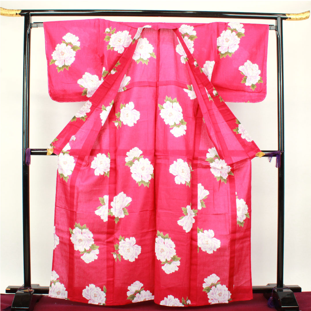 浴衣 躑躅色 山茶花 木綿 Sランク 単衣 身丈166.5cm 裄丈67cm ピンク系 1118001992513