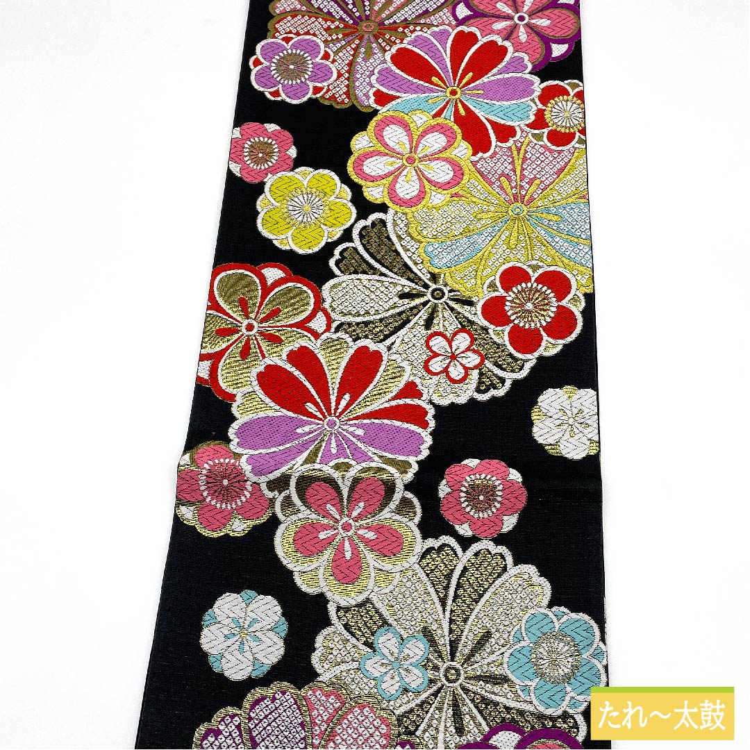 袋帯 正絹 黒色(くろいろ) ねじり梅 ねじり桜 鹿の子 帯丈444cm Sランク 六通 フォーマル 黒系 1123011612310