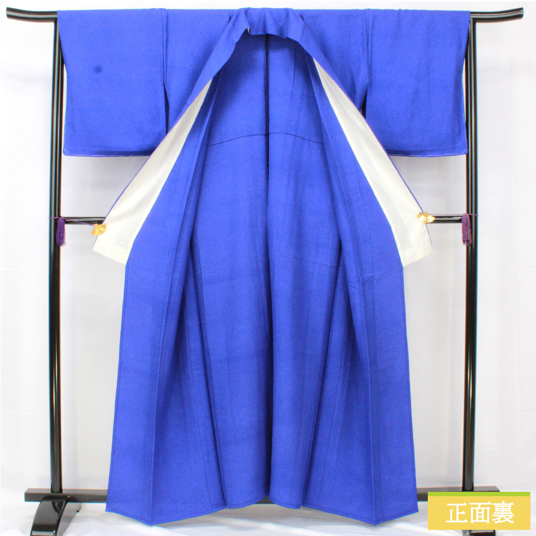 色無地 正絹 身丈160cm 裄丈65cm 桔梗色(ききょういろ) 一つ紋 五三桐 単衣 Sランク 紺系 1114001612418