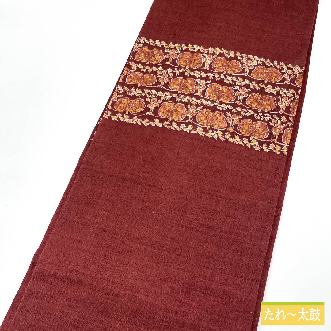 名古屋帯 紅海老茶色(べにえびちゃいろ) 紬地 抽象模様 染め帯 帯丈354cm 正絹 Sランク ポイント柄 カジュアル 朱系 1124007402316 名古屋仕立て