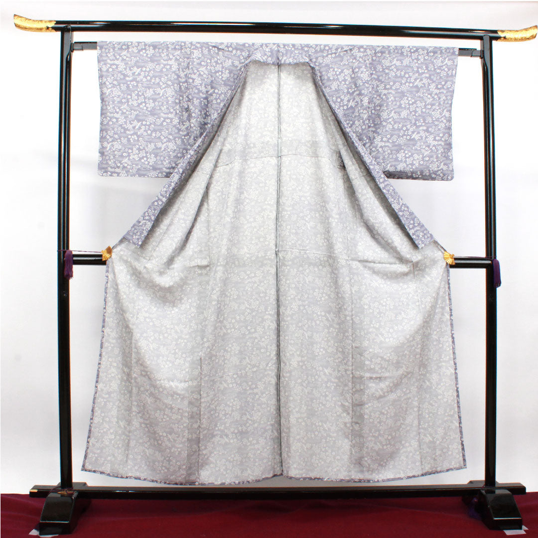 夏物 正絹 小紋 身丈155.5cm 裄丈64cm 相思鼠色(そうしねずいろ) 吉祥文様 鳳凰 菊 絽 Sランク グレー系 1132001832322