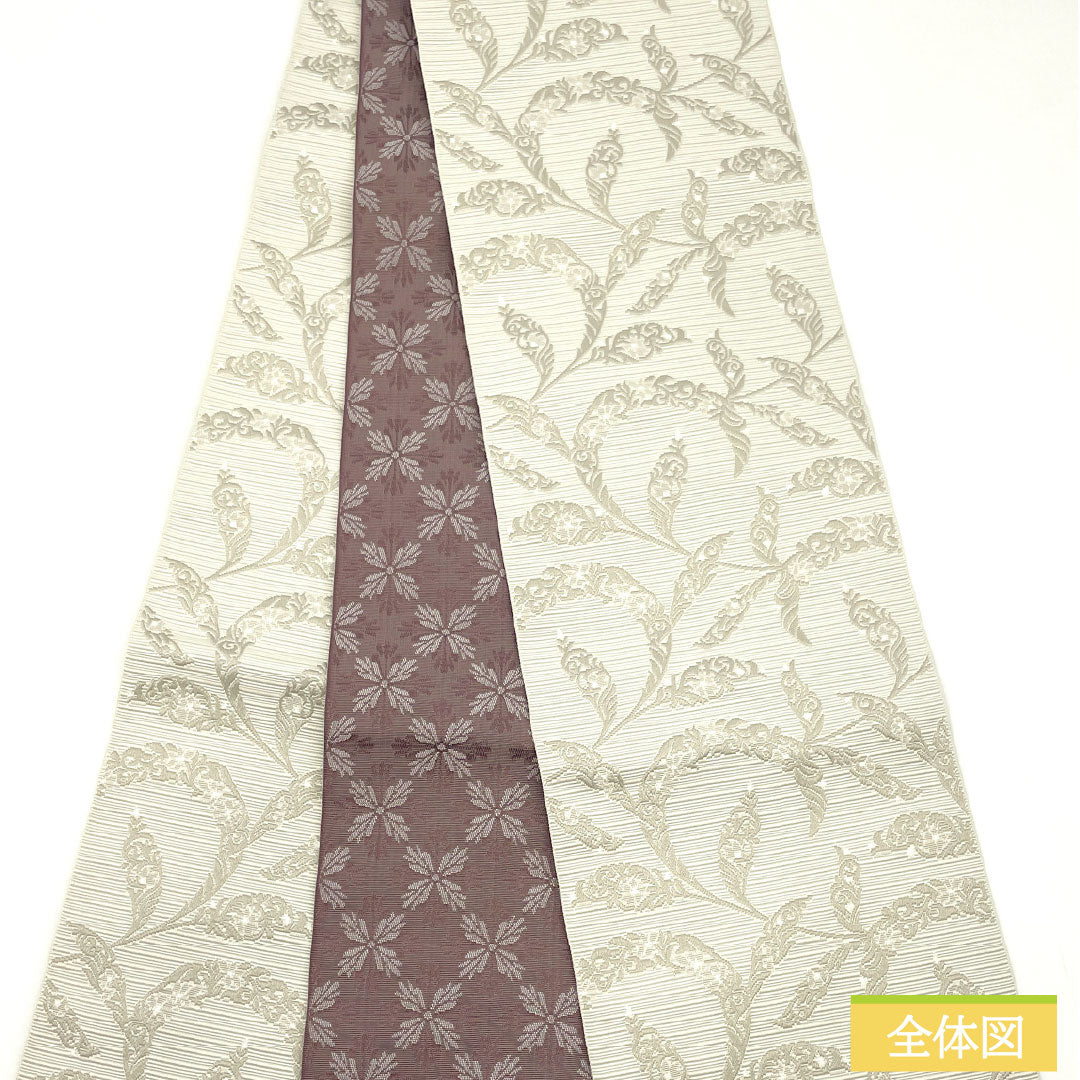 (新品)半幅帯 ポリエステル NEWランク 真珠色(しんじゅいろ) 小豆鼠色(あずきねずいろ) 抽象花模様 花菱風 リバーシブル 帯丈400cm グレー系 1125002391422