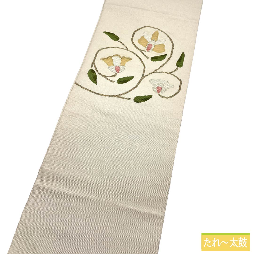 名古屋帯 正絹 Aランク 名古屋仕立て 蕎麦切色(そばきりいろ) 抽象花模様 帯丈366cm ポイント柄 セミフォーマル 白系 1124014283311