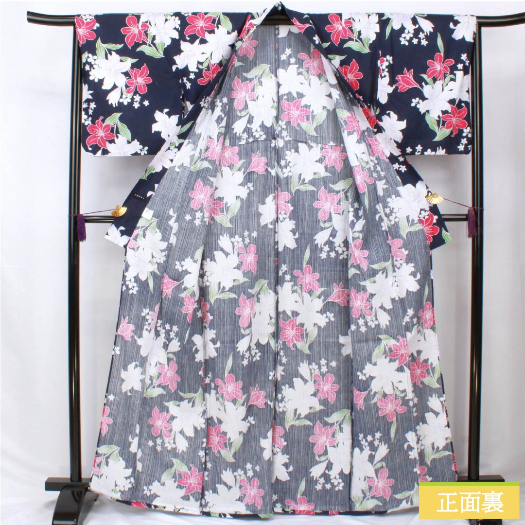 浴衣 木綿 身丈166cm 裄丈65cm Aランク 単衣 紺系 紺色(こんいろ) 百合 INGNI イング 1118006173518