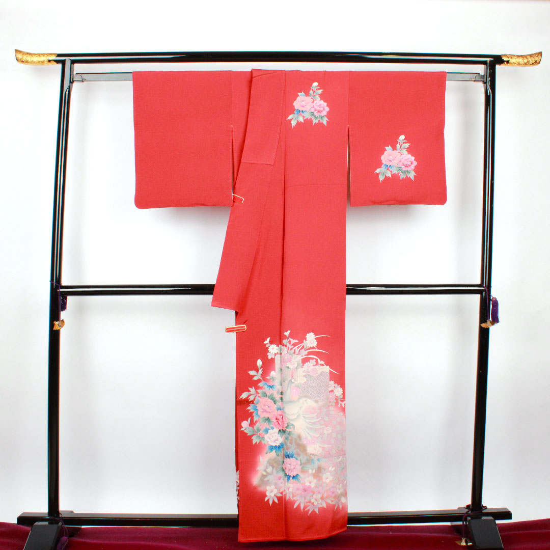 訪問着 袷 身丈158.5cm 裄丈65cm 蘇芳色 孔雀 草花模様 正絹 Aランク 赤系 1112001663312