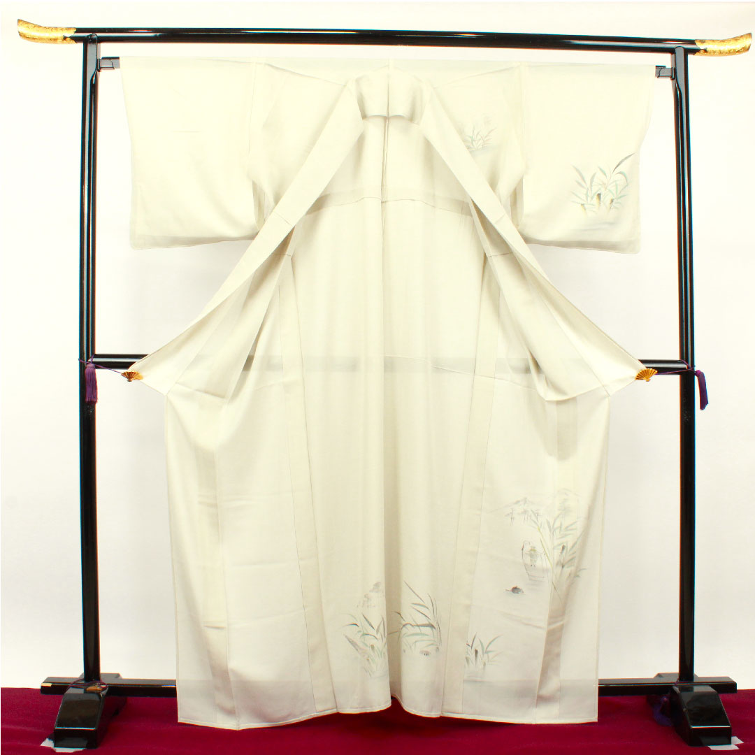 夏物 正絹 訪問着 身丈164.5cm 裄丈65.5cm 卯の花色(うのはないろ) 風景模様 しつけ糸付き 未使用品 絽 Sランク グレー系 1132001562422