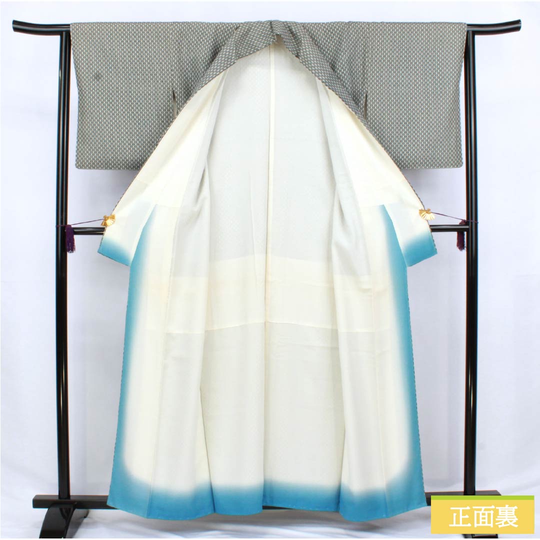Komon (small pattern) pure silk, S rank, length 159cm, sleeve length 63cm, lined, hemp leaf pattern, black with basting thread, product number 1115006612310