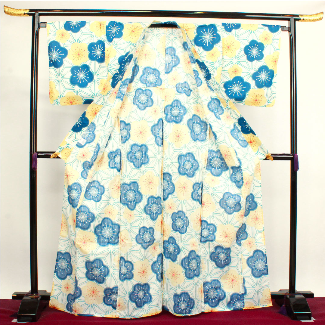 浴衣 山本彩ブランド 梅 麻の葉 木綿 Sランク 単衣 身丈167.5cm 裄丈68.5cm 白系 1118003972511