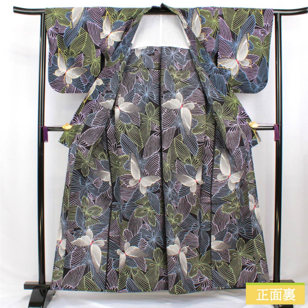Cotton Yukata, Length 160.5cm, Sleeve Length 63.5cm, S Rank, Single Layer, Black, Butterfly Pattern, 1118006342410