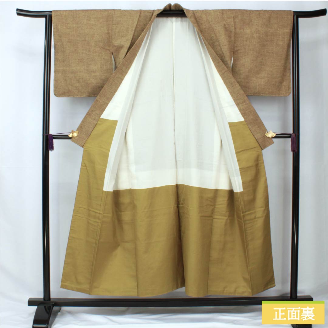 紬 正絹 身丈152cm 裄丈64cm 伽羅色(きゃらいろ) 真綿紬 無地 しつけ糸付き Sランク 袷 茶系 1116003852214