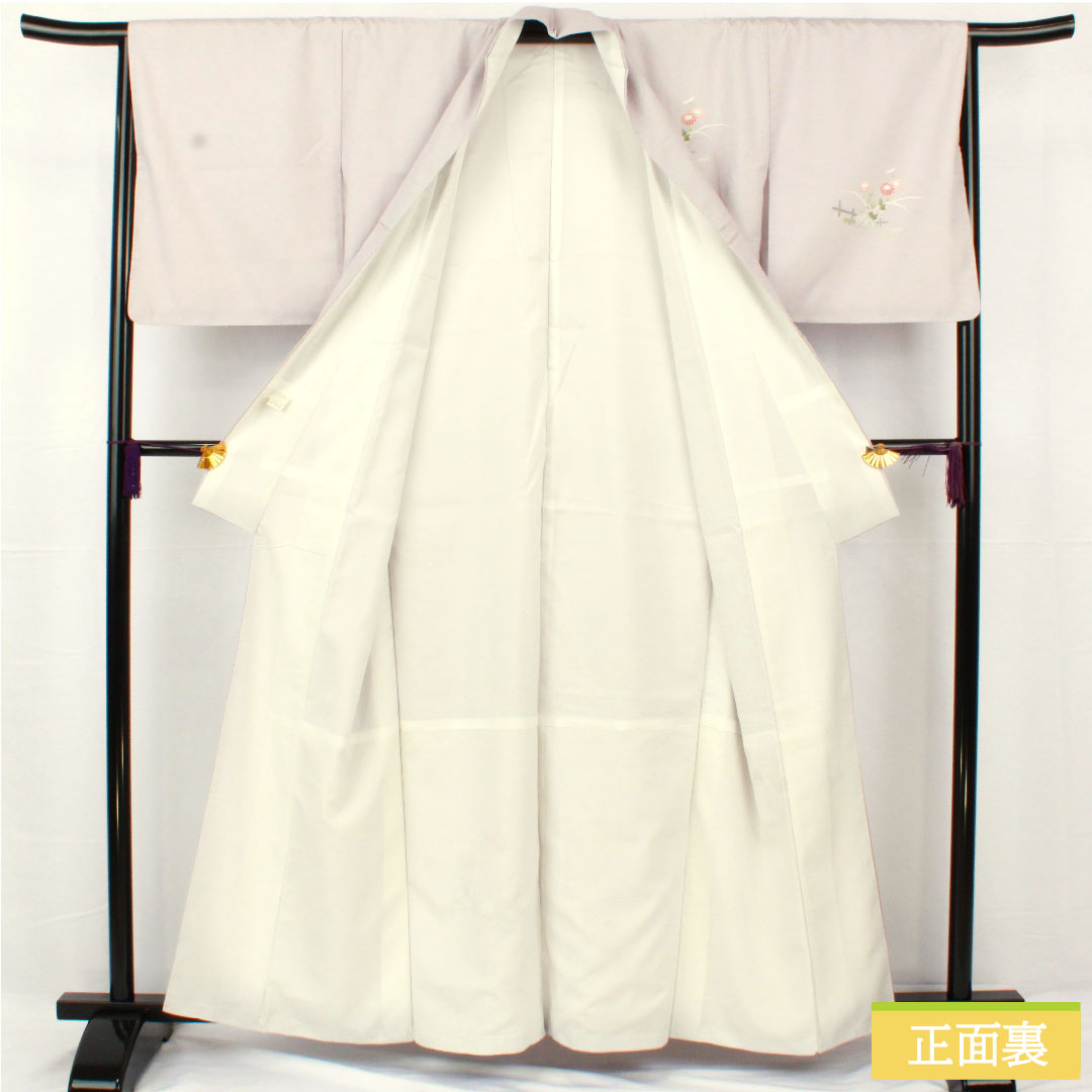 訪問着 ポリエステル 袷 身丈159cm 裄丈65.5cm 白藤色(しらふじいろ) 洗える着物 菊 桔梗 草花模様 しつけ糸付きSランク 紫系 1112005302320