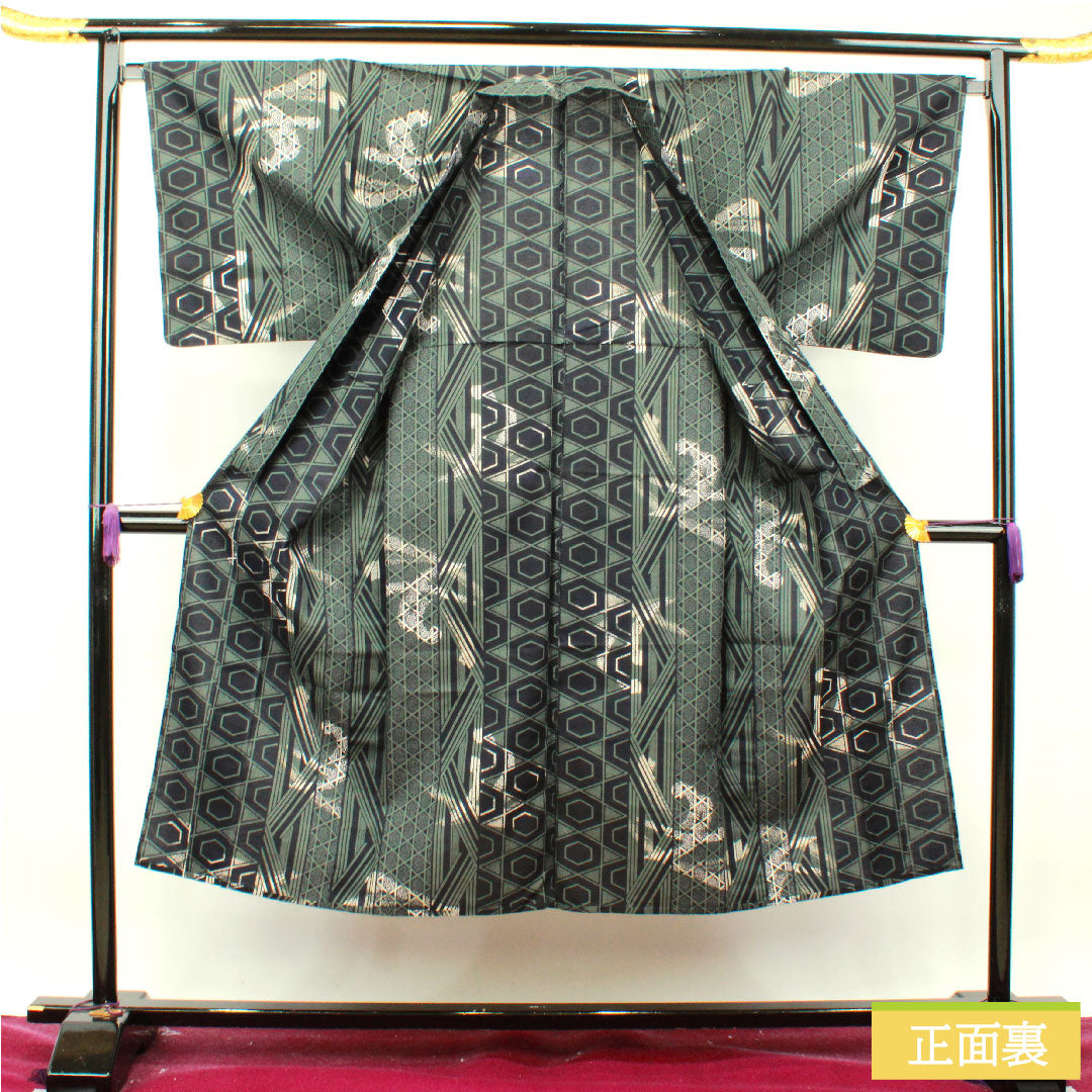 浴衣 木綿 身丈142.5cm 裄丈67.5cm Sランク 単衣 緑系 島松鼠色(しままつねずいろ) 男物 幾何学模様 1118004892419