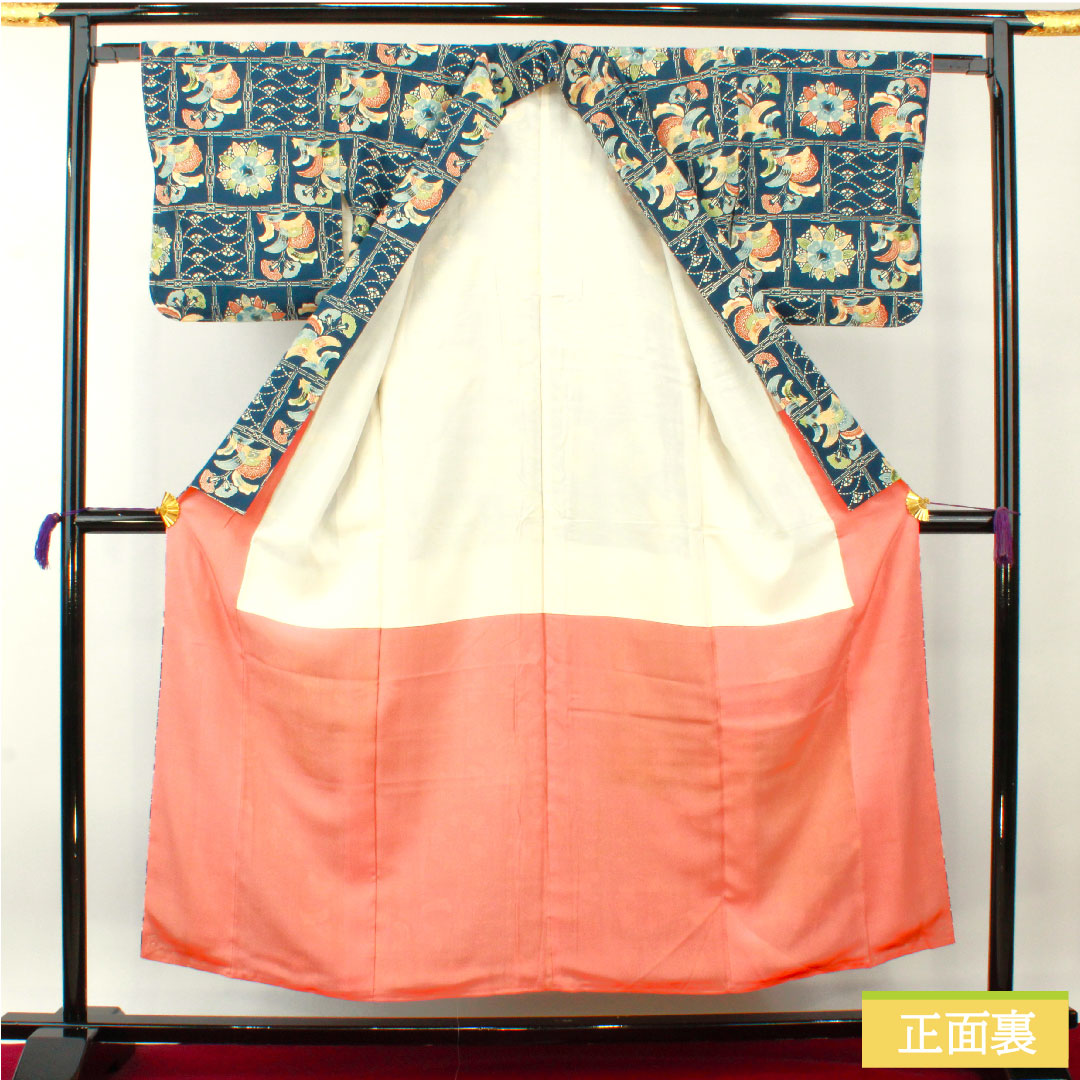 Komon, pure silk, length 153cm, sleeve length 62.5cm, lined, lining color (urairo), Kyoto Bingata, floral pattern, with basting thread, A rank, navy blue, 1115004343218