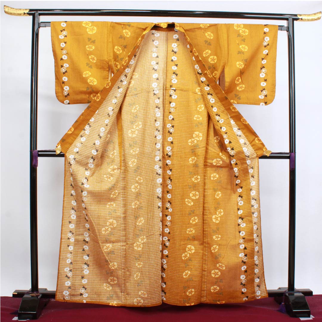 浴衣 金黄色 朝顔 木綿 Sランク 単衣 身丈163.5cm 裄丈65.5cm 茶系 1118004042414