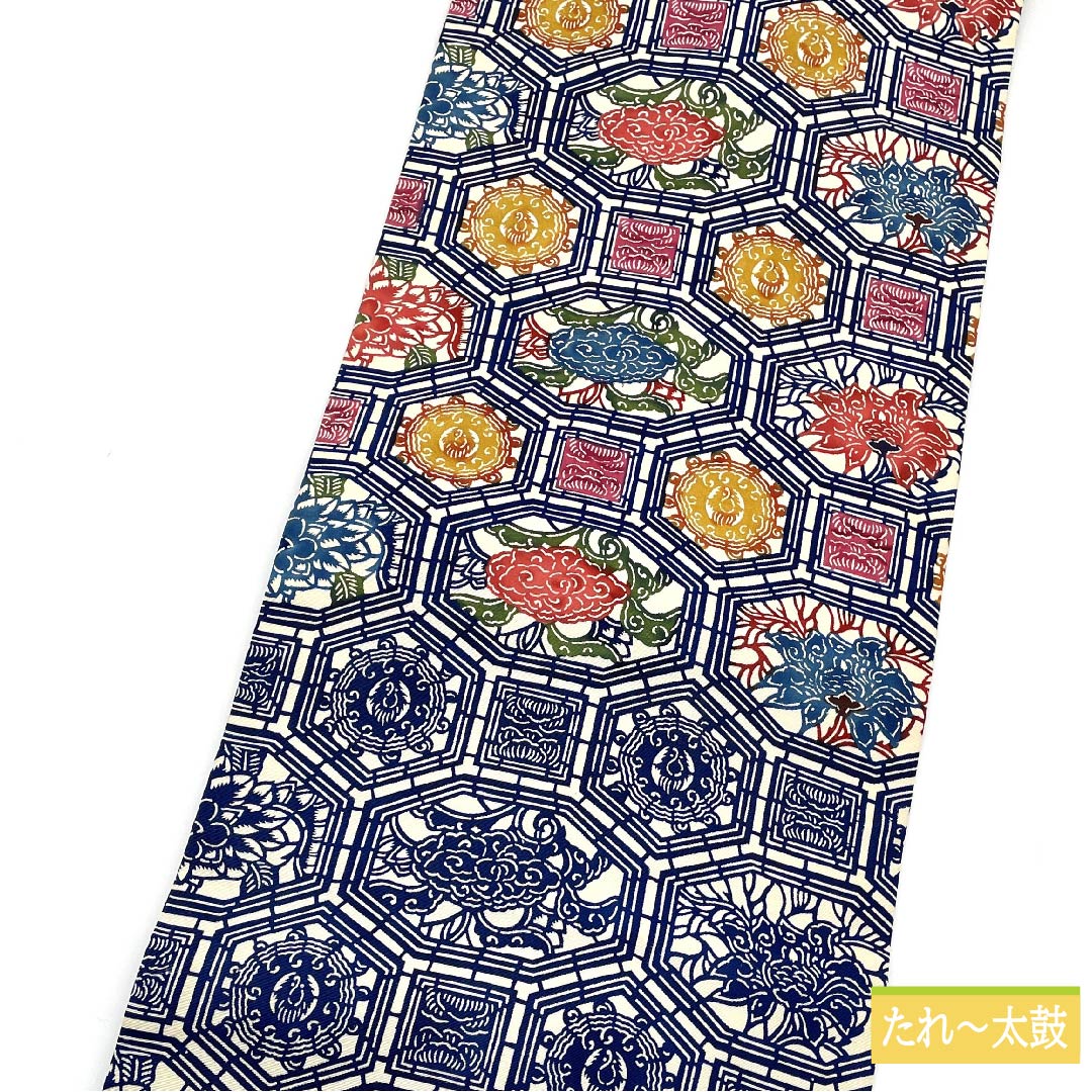 名古屋帯 紺桔梗色(こんききょういろ) 天井絵 帯丈367cm 正絹 Sランク 六通 カジュアル 紺系 1124006512318 名古屋仕立て