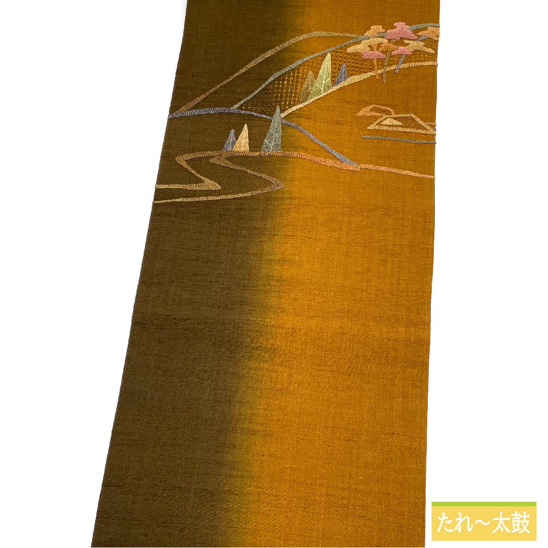名古屋帯 正絹 昔唐茶色(むかしからちゃいろ) 相良刺繍 里山の風景 刺繍 帯丈358cm Sランク ポイント柄 カジュアル 茶系 1124006332314 名古屋仕立て