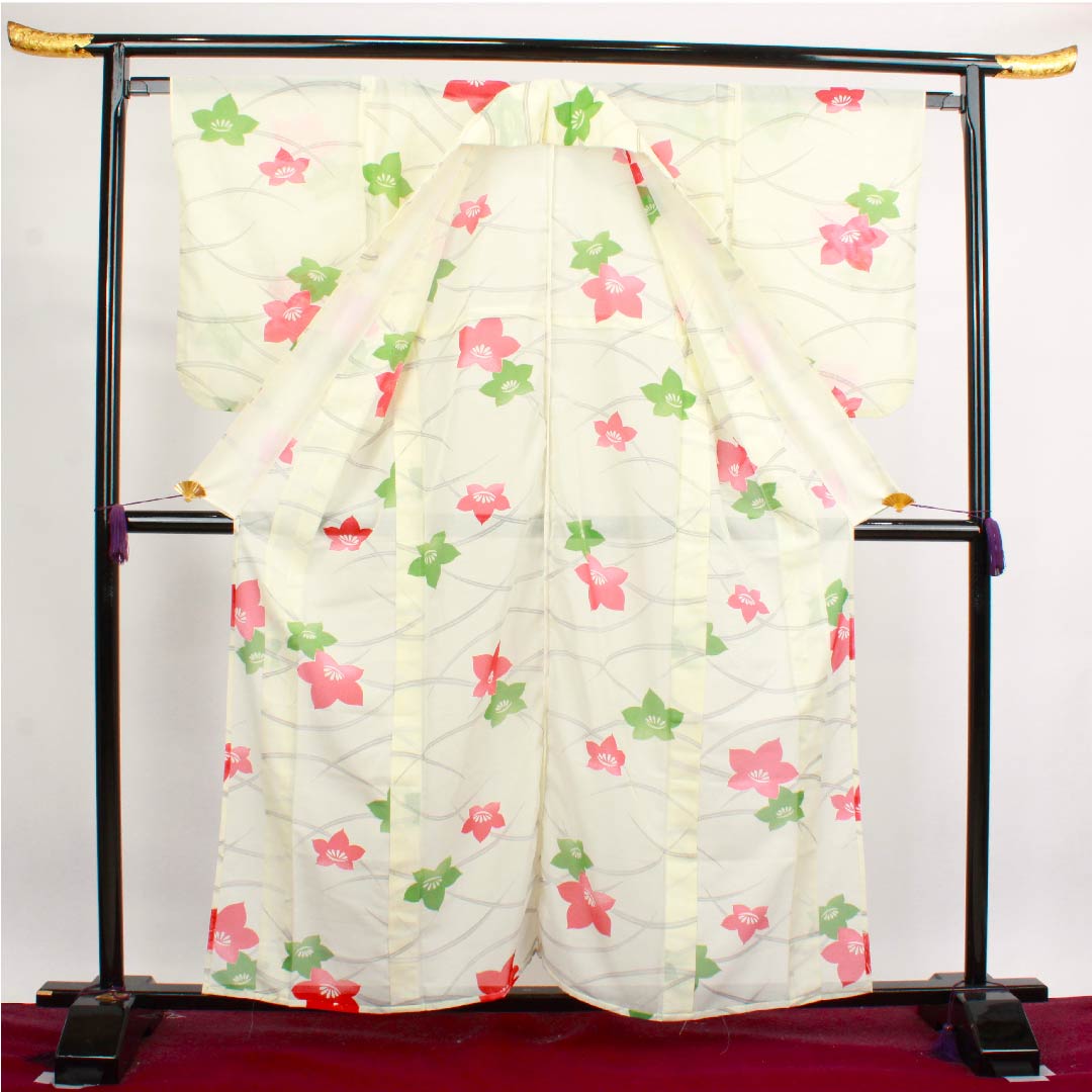 夏物 ポリエステル 訪問着 身丈160cm 裄丈65cm 白百合色(しらゆりいろ)露芝 花模様 絽 Aランク クリーム系 1132000083415