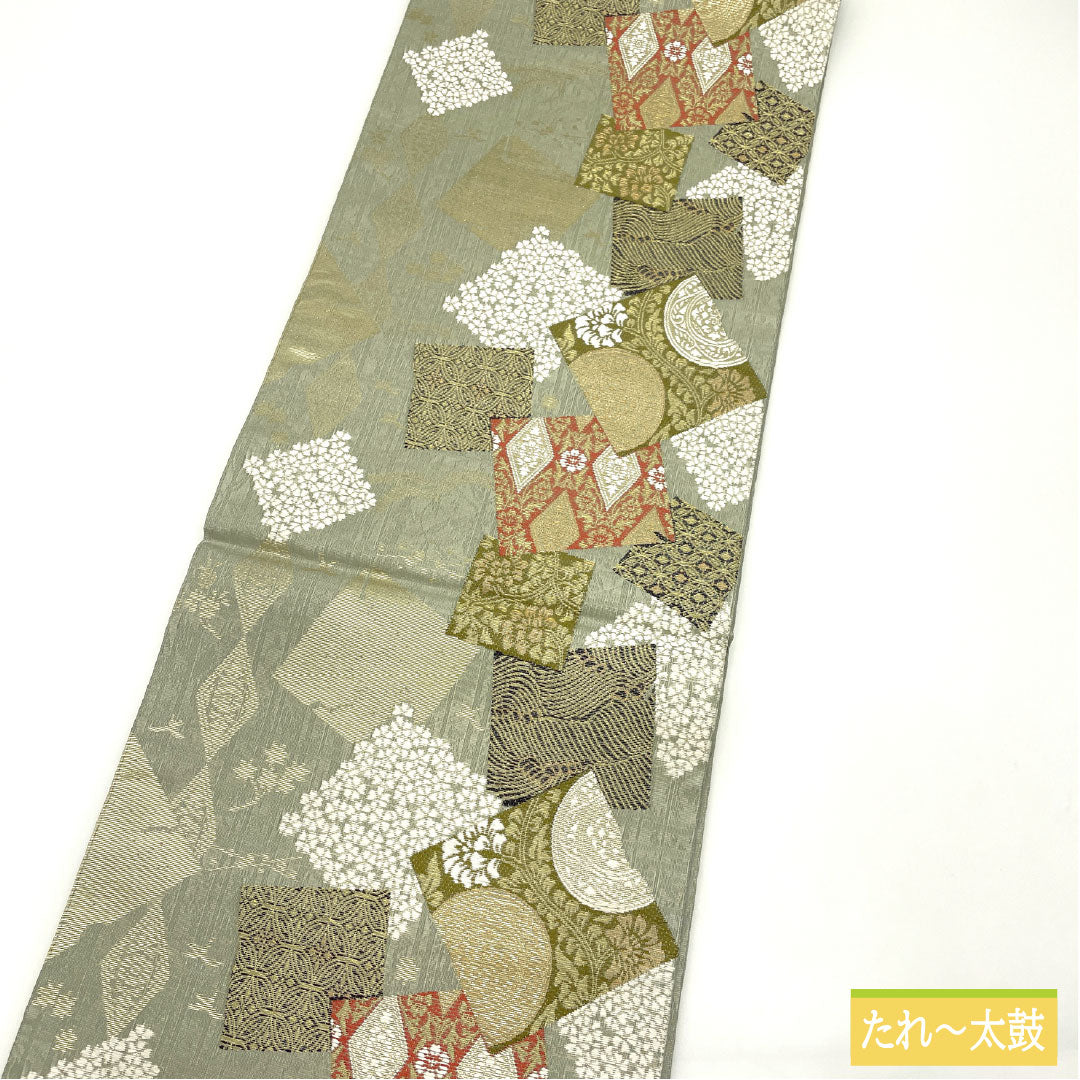Fukuro Obi (sash), pure silk, S-rank, Nishijin-ori, Shikishi-ori, length 434cm, six-fold, semi-formal, green, 1123017052319