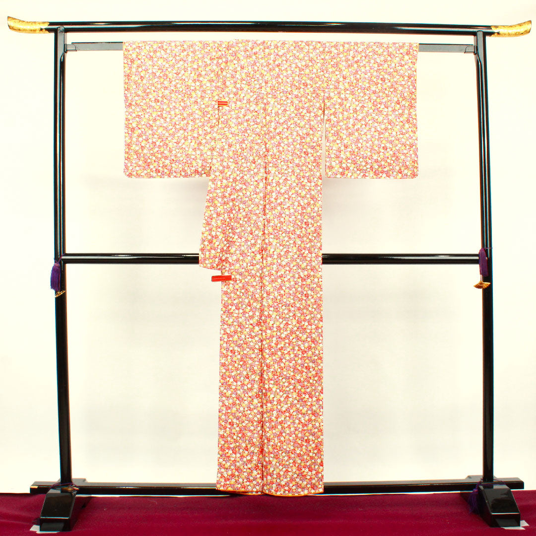 小紋 身丈152cm 裄丈61.5cm 袷 猩々緋色 梅 紬地 正絹 Sランク 赤系 1115002992212