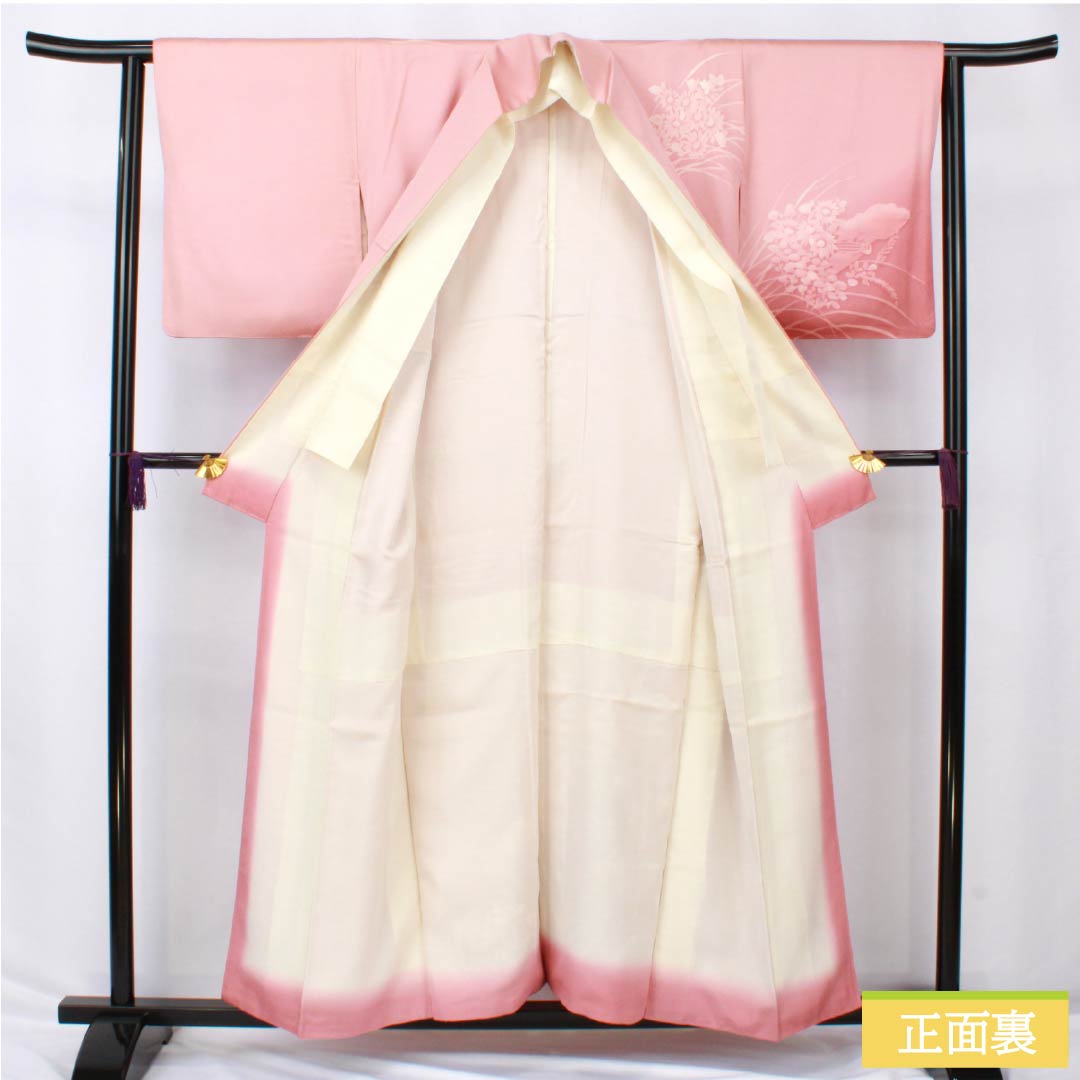 訪問着 正絹 Aランク 袷 身丈155cm 裄丈62cm 浅紅色(あさべにいろ) 縫い紋 一つ紋 ろうけつ染め 草花 重ね衿付き ピンク系 1112006323313