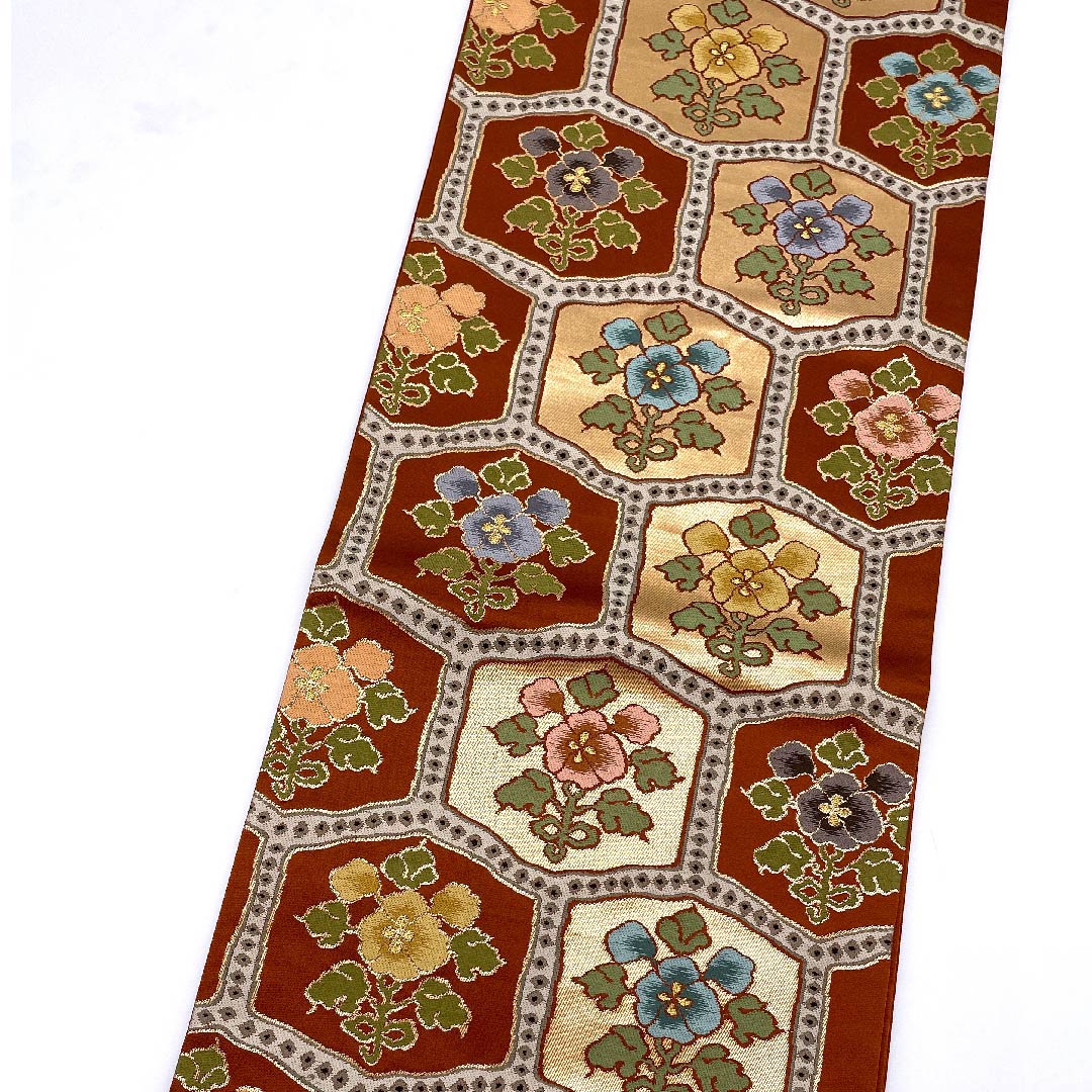 Fukuro Obi (Sash) in Shoujo Chairo (Scarlet Brown) with Floral Pattern, Tortoise Shell, Shirayaen Oba, Length 420cm, Pure Silk, A Rank, Six-Pass, Formal, Orange, 1123008893326