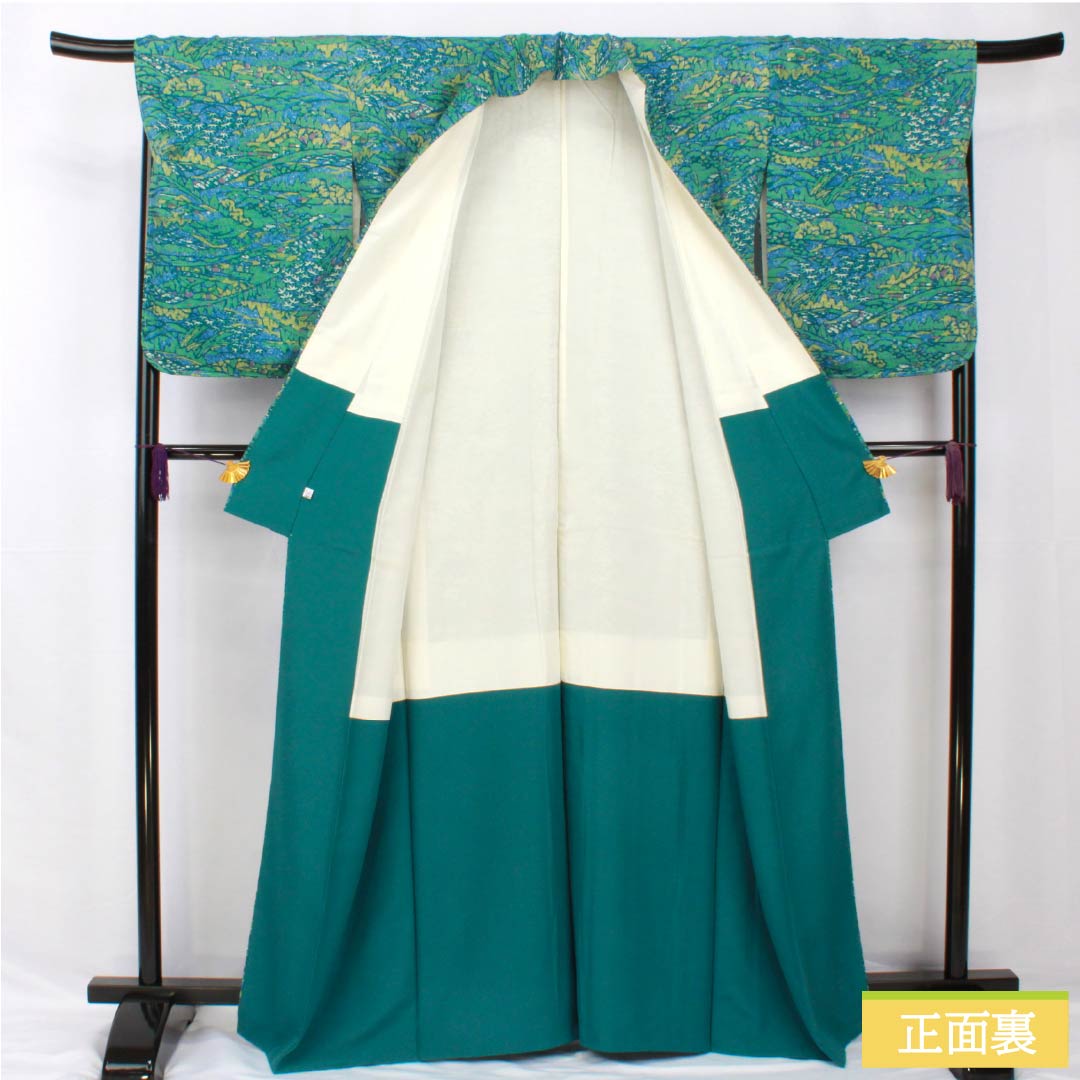 小紋 正絹 身丈164.5cm 裄丈68cm 袷 露草色(つゆくさいろ) 型染 風景絵画調 しあわせガード Sランク 青系 1115005422417