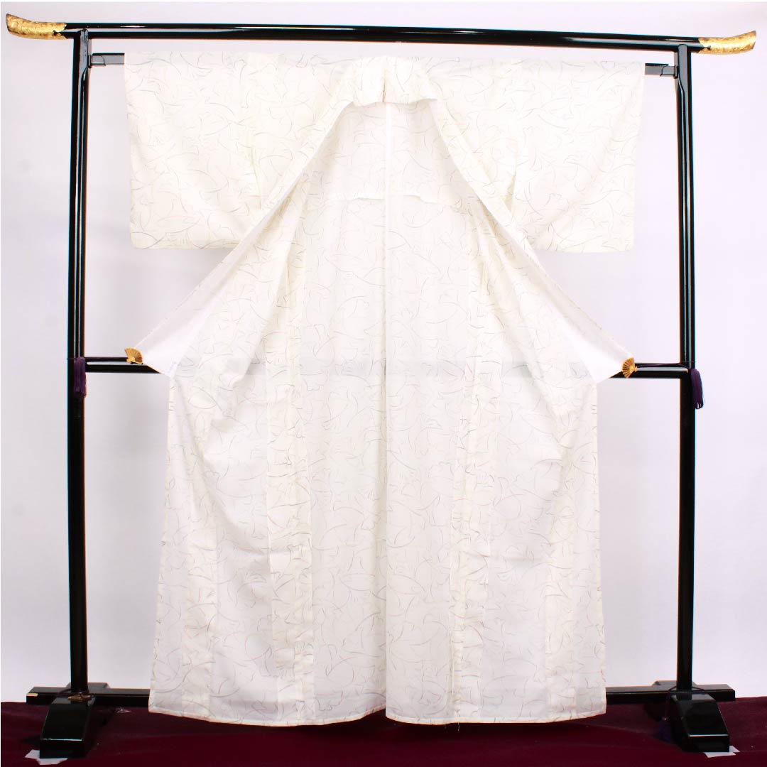夏物 ポリエステル 小紋 身丈163.5cm 裄丈63.5cm 胡粉色(ごふんいろ) いちょうの葉 絽 Bランク 白系 1132000334411