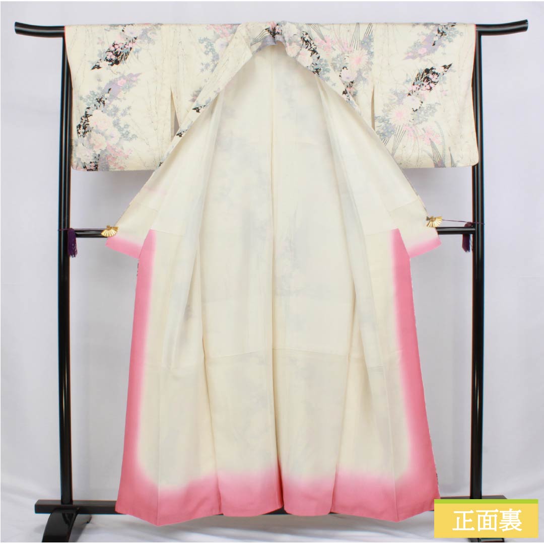 Komon (small pattern) kimono, pure silk, A-rank, length 157.5cm, sleeve length 65.5cm, lined, off-white, fan-shaped floral pattern, white, product number 1115006693311