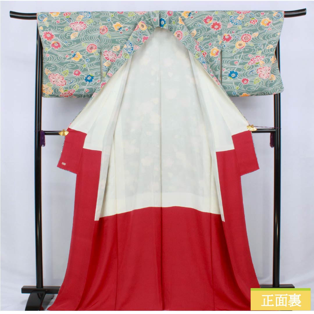 Komon (small pattern) kimono, pure silk, length 169.5cm, sleeve length 68.5cm, lined, Yamaaizuriiro (mountain indigo) color, Kyoto Bingata crepe fabric, flowing water and floral pattern, A rank, blue, 1115006163517