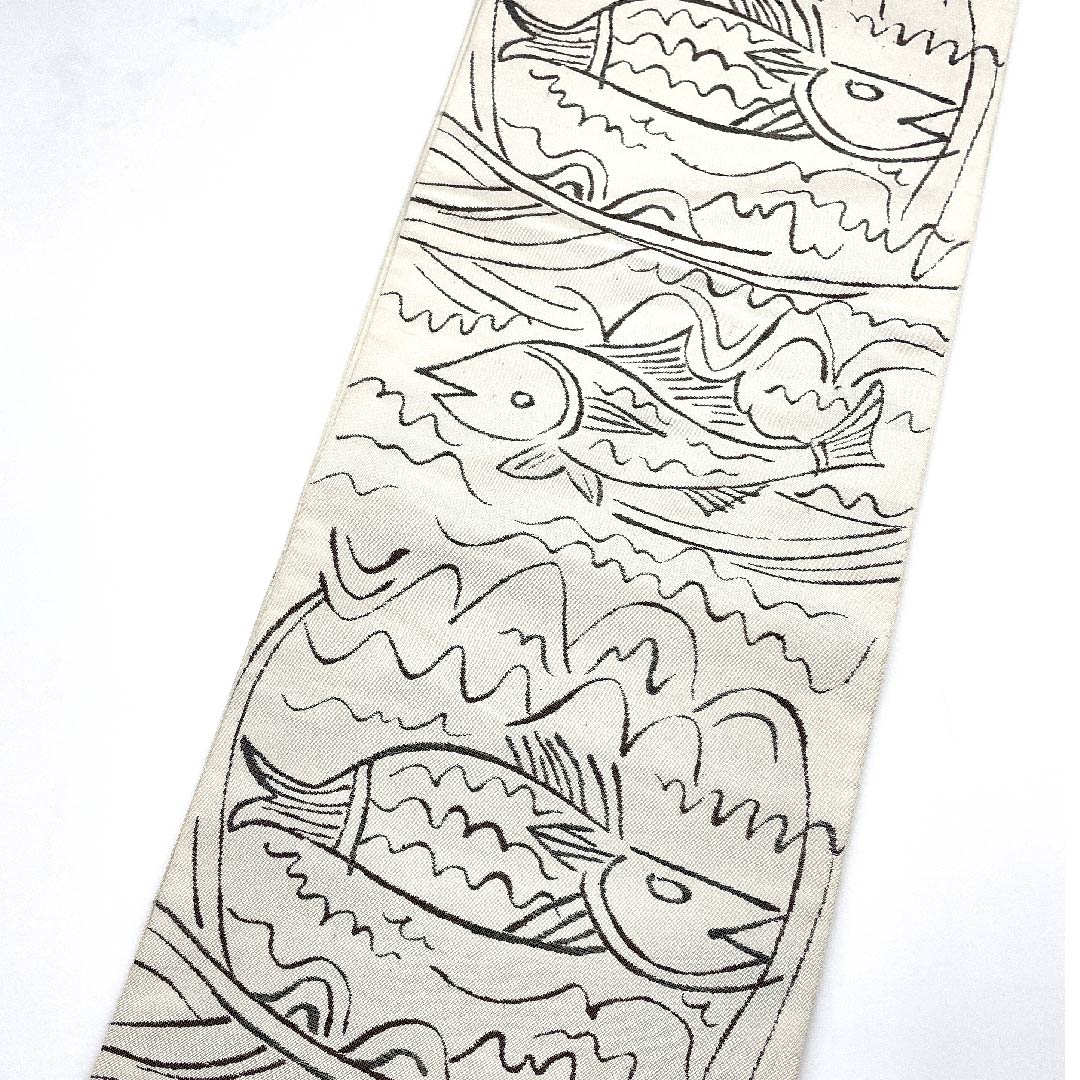 Fukuro Obi (milky white obi) with fish motif, Katsuyama Orimono, obi length 434cm, pure silk, A rank, six-pass, casual, white, 1123008073311
