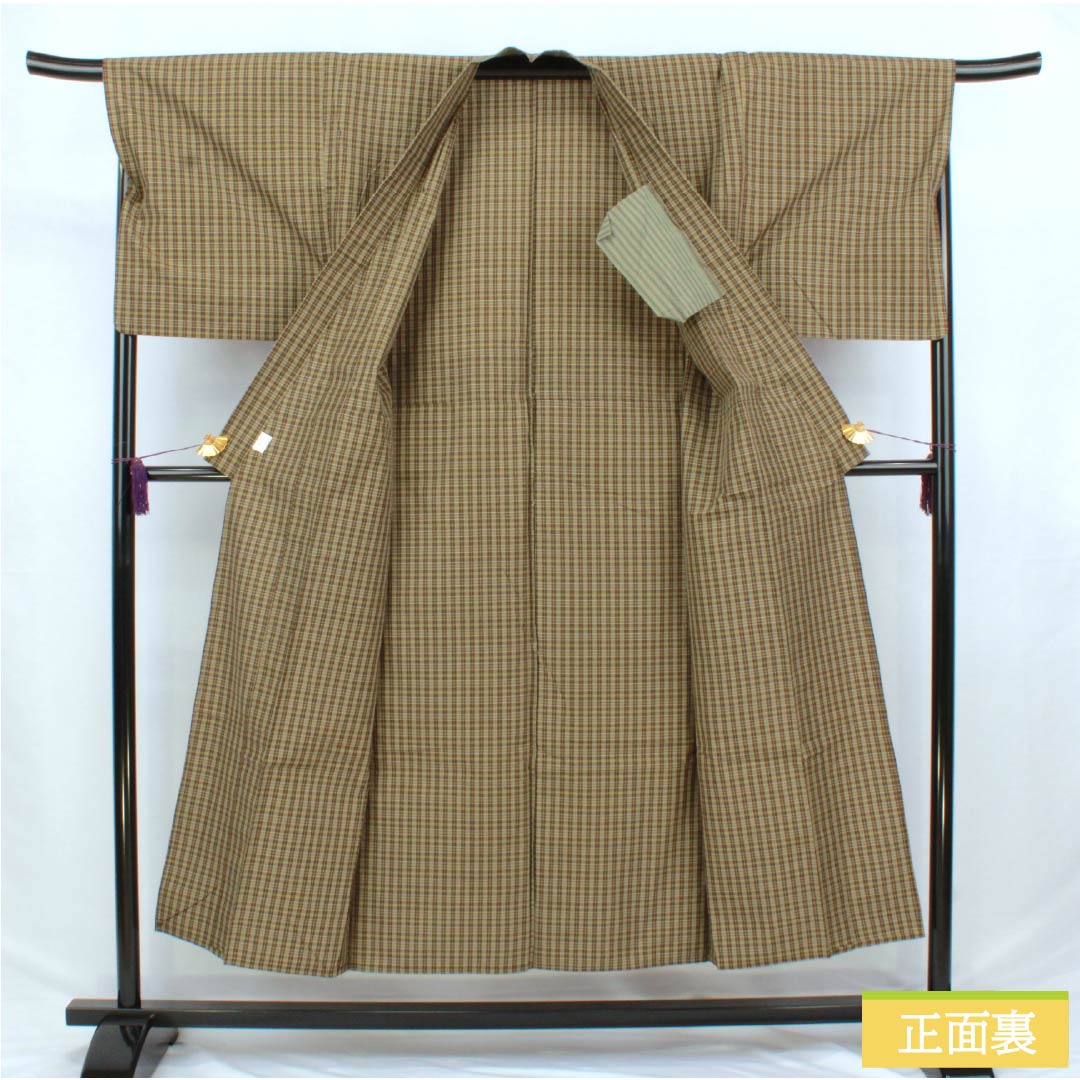 男物 木綿 Sランク 身丈148.5cm 裄丈68cm 利休生壁色(りきゅうなまかべいろ) 憲法茶色(けんぽうちゃいろ) チェック柄 内ポケット付き 単衣 緑系 1119001092419