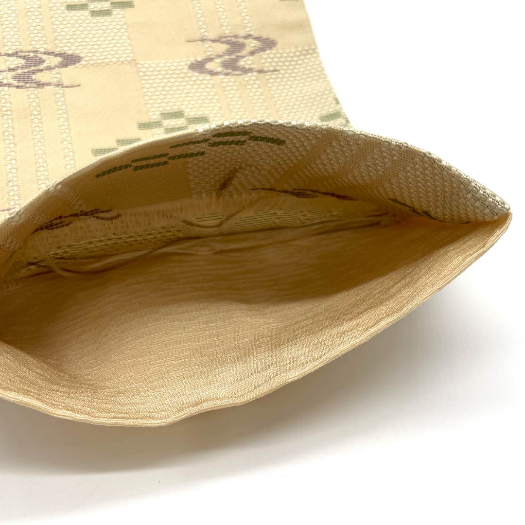 (未仕立)半幅帯 ポリエステル 鳥の子色(とりのこいろ) 絣模様 帯丈386cm ベージュ系 Aランク 1125001693325