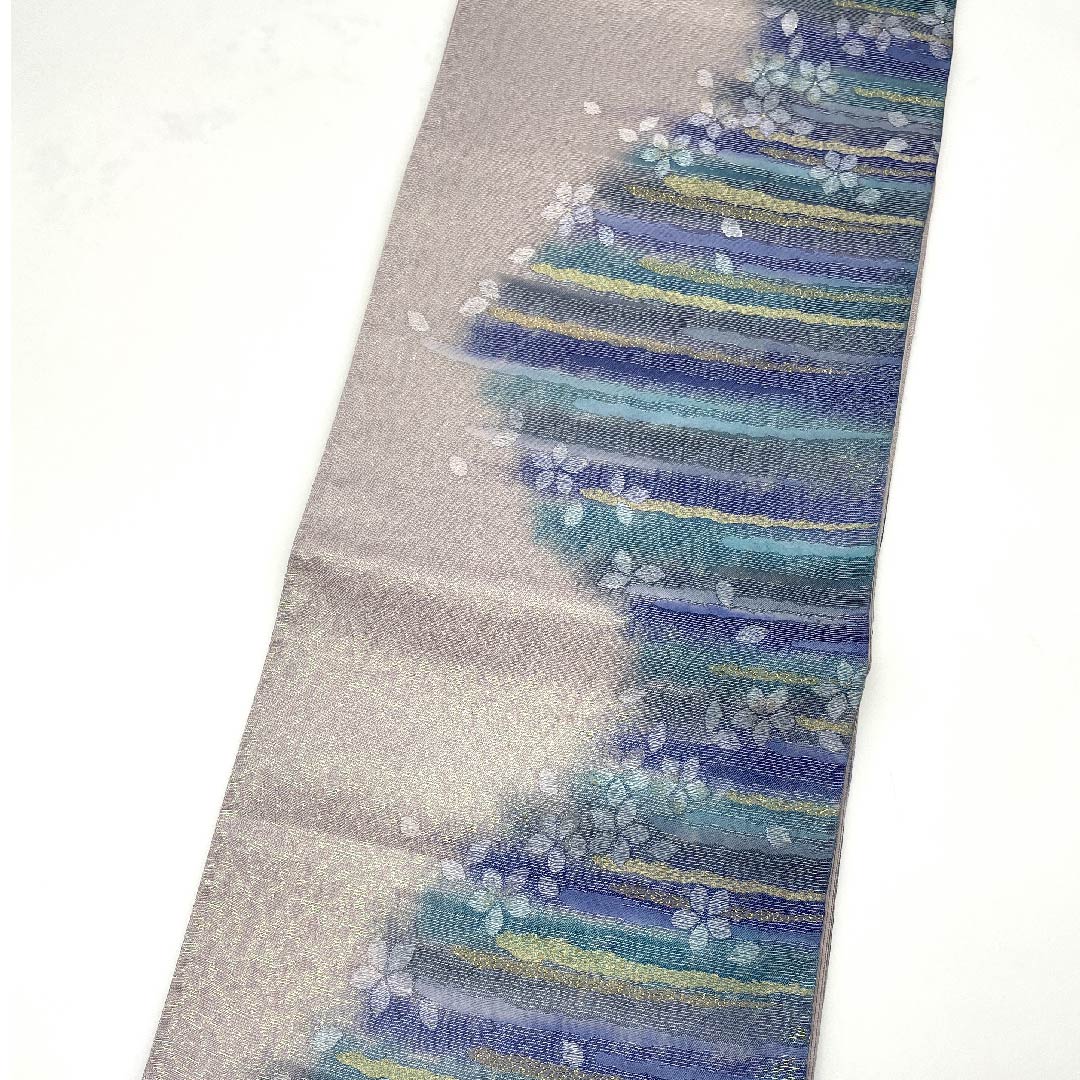 Fukuro Obi (Fukuro obi) in Komachi gray, classic pattern, small cherry blossoms, obi length 428cm, pure silk, S rank, six-pass, semi-formal, gradation style, 1123008712399