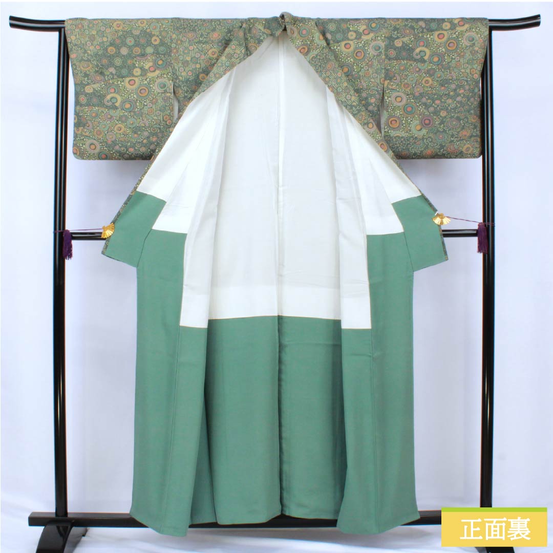 小紋 正絹 Aランク 身丈155.5cm 裄丈64cm 袷 鉄色(てついろ) 江戸小紋 南部幸雄 菊 割付文様 緑系 1115007243319