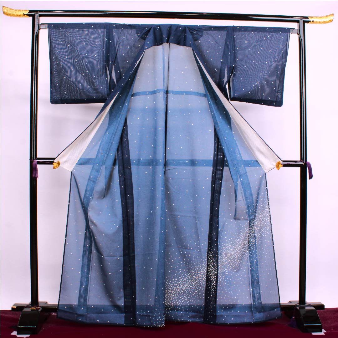 夏物 ポリエステル 訪問着 身丈166.5cm 裄丈66.5cm 韓藍色(からあいいろ)幾何学模様 絽 Aランク 紺系 1132000073518