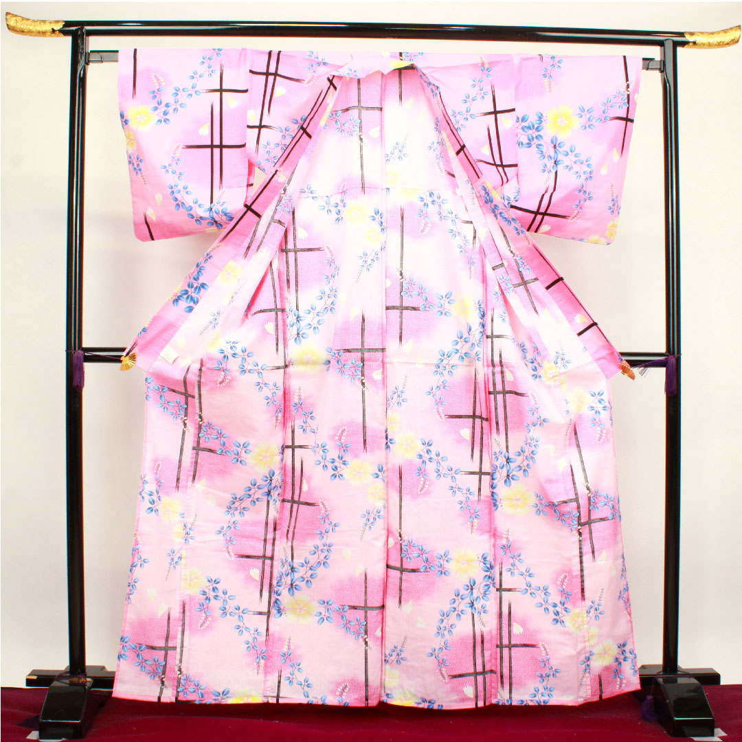 Yukata, medium crimson color, pink, bush clover, cotton, S rank, single layer, length 166cm, sleeve length 66cm, pink, 1118002812513