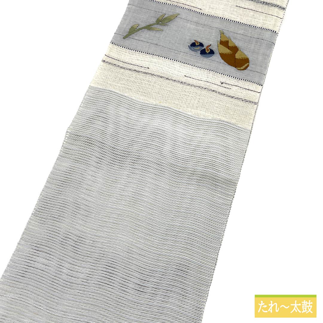 名古屋帯 正絹 空鼠色(そらねずいろ) 夏帯 野菜 帯丈373cm Bランク ポイント柄 カジュアル 青系 1124007964317 松葉仕立て