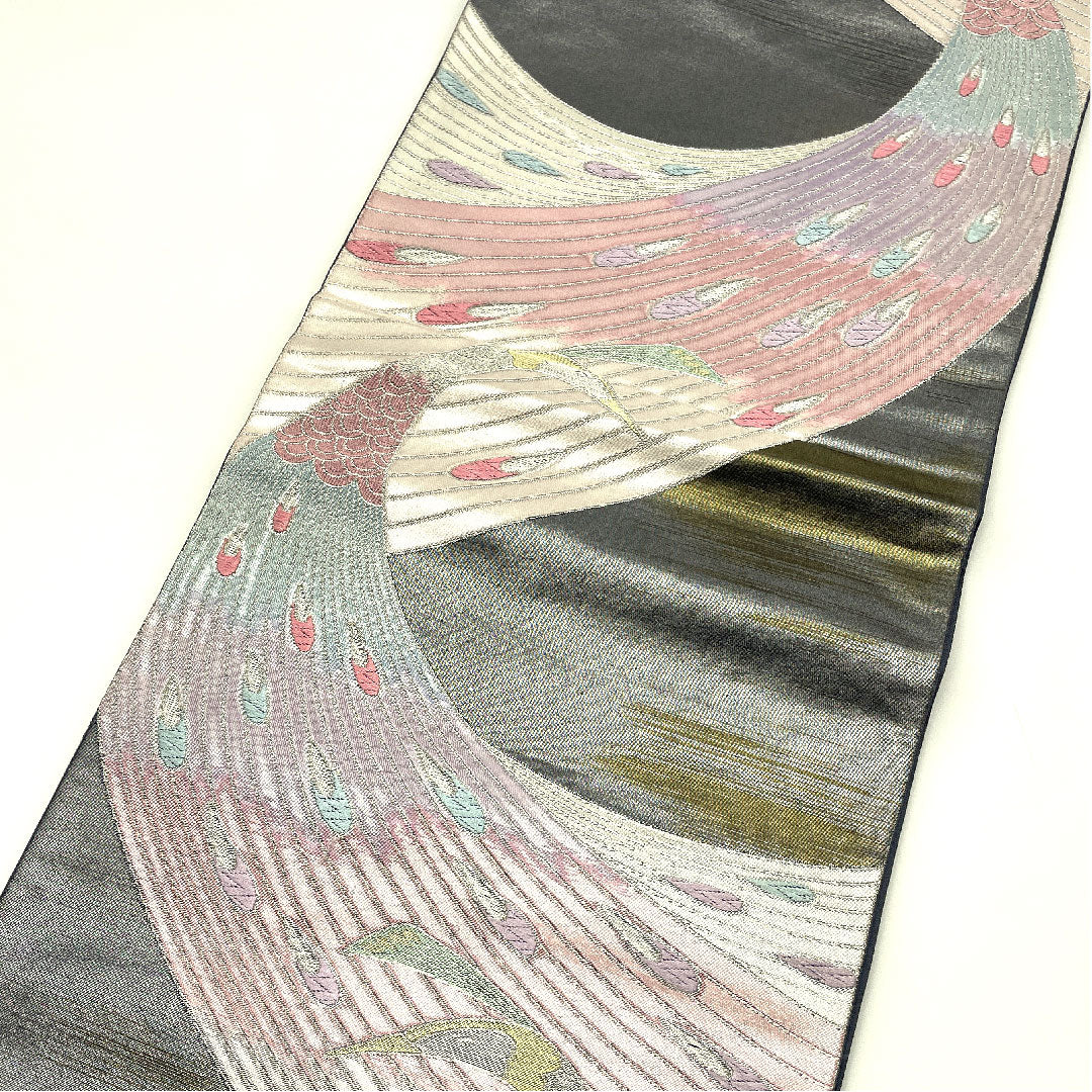 袋帯 振袖用 孔雀 帯丈422cm 正絹 Aランク 六通 フォーマル グレー系 1123004063322