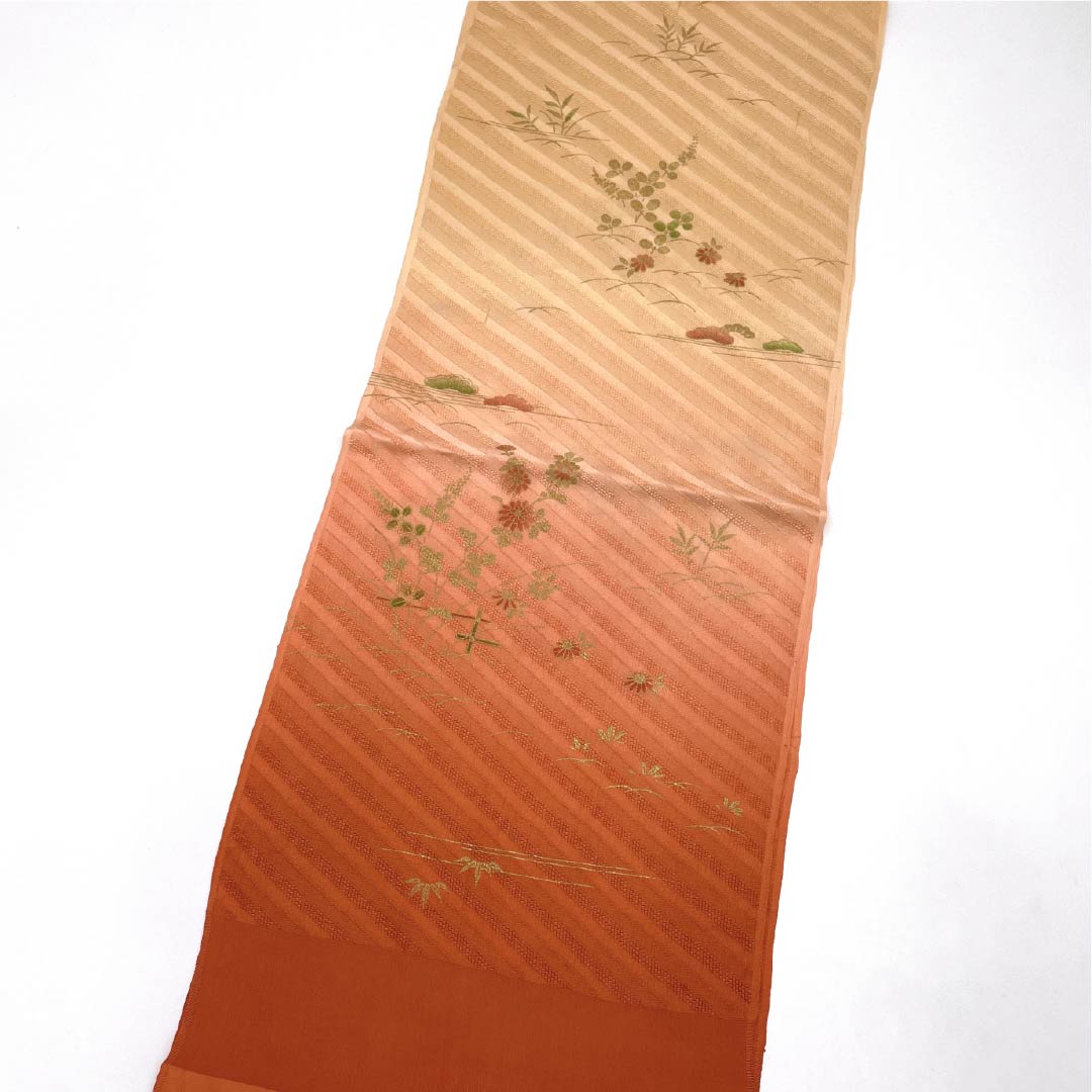S-Rank Silk Obiage (Semi-Formal) - Skin Tone and Vermilion Gradient with Plant Pattern, Orange, Length: Approx. 164cm, Width: Approx. 28.5cm, Product Code: 1136001912926