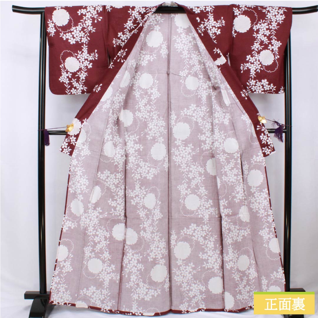 Cotton Yukata, Length 166cm, Sleeve Length 65cm, S Rank, Single Layer, Purple-Reddish Purple (Akamurasaki Iro), Snow Circle and Cherry Blossom Design, Product Number: 1118006302520