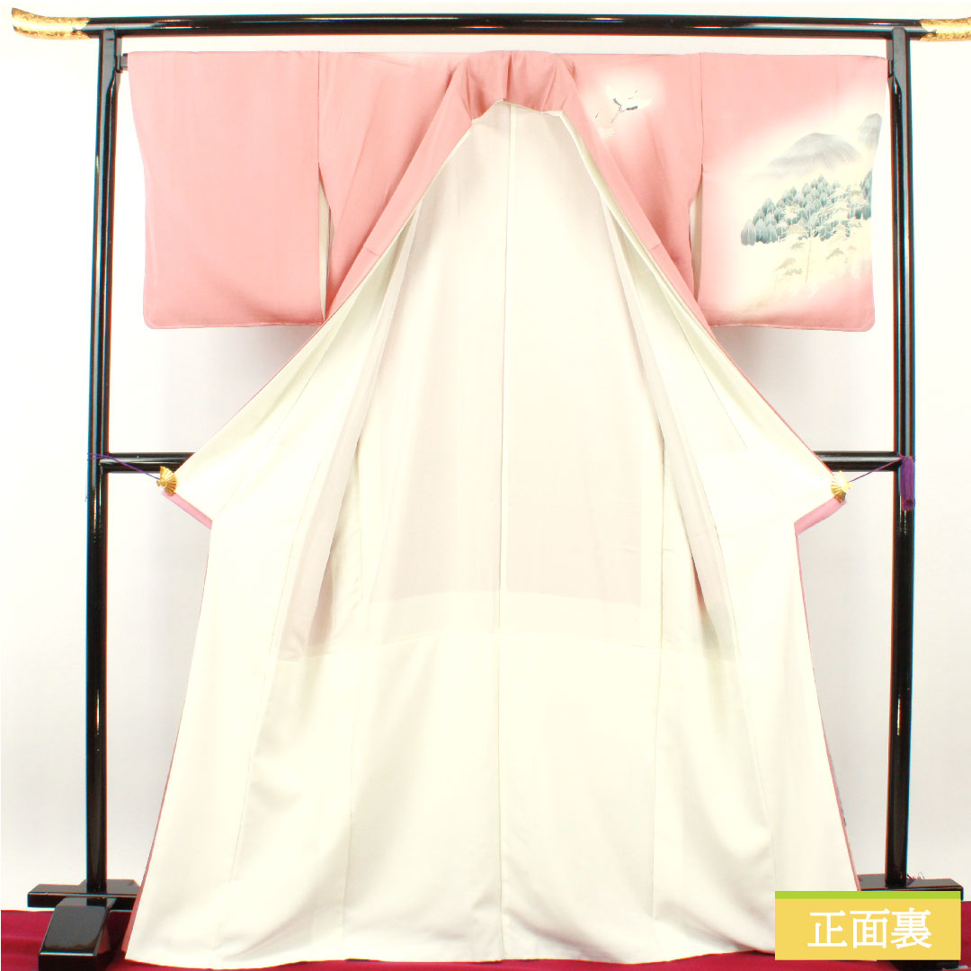 訪問着 正絹 袷 身丈170.5cm 裄丈69.5cm 一重梅色(ひとえうめいろ) 京友禅 比翼仕立て 風景模様 鶴 三つ紋 Sランク ピンク系 1112004612613