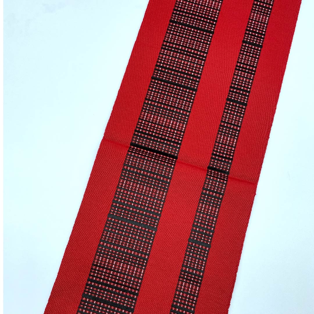 袋帯 赤色 ちぐさ帯 格子 単衣 帯丈399cm 正絹 Sランク 全通 カジュアル 赤系 1123008422312
