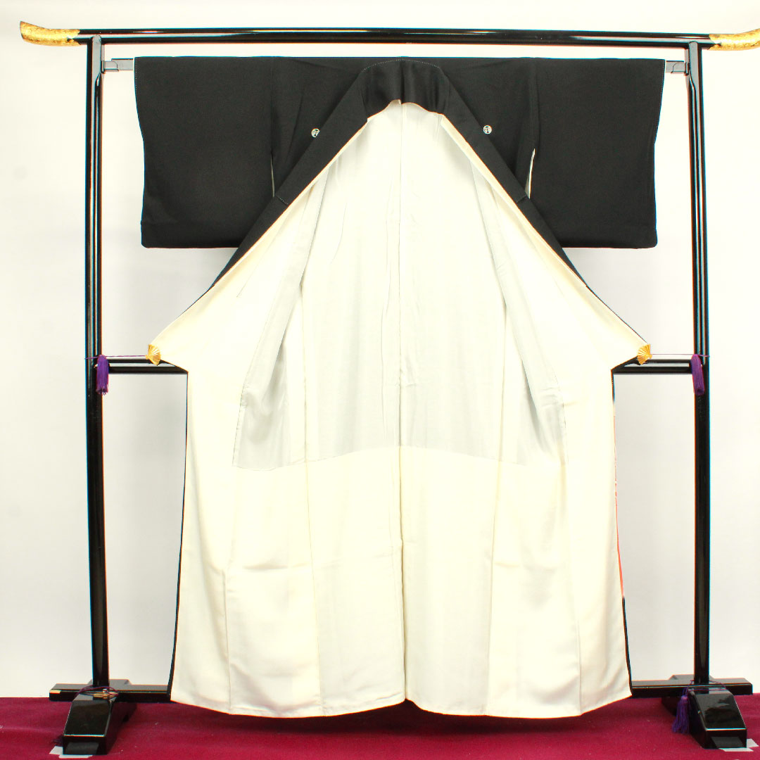 黒留袖 身丈159.5cm 裄丈63cm 袷 京友禅 吉祥文様 丸に並び瓶子 正絹 Aランク 五つ紋 黒系 1111000843310