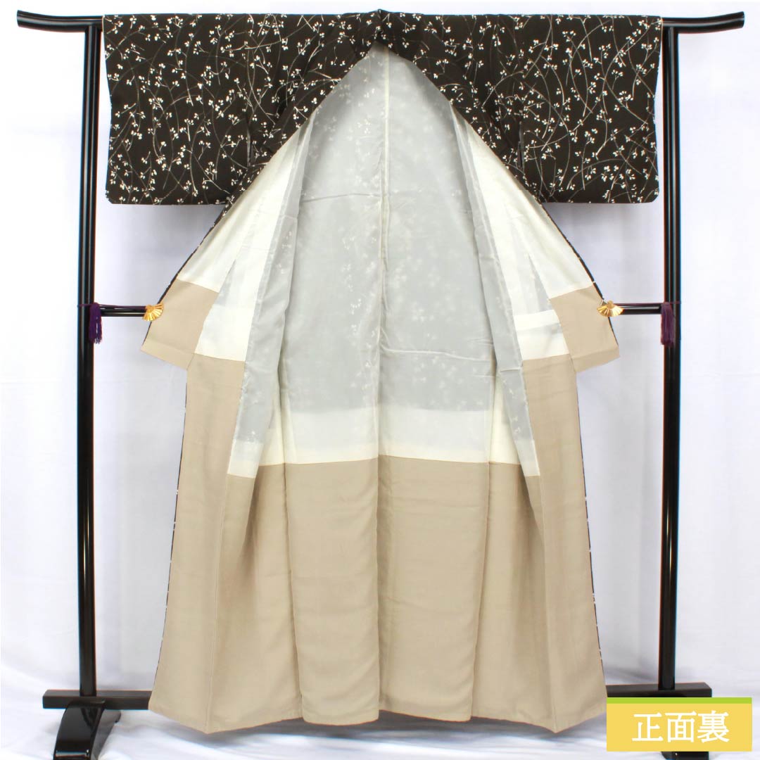 小紋 正絹 身丈159.5cm 裄丈62cm 袷 涅色(くりいろ) 小枝 Aランク 黒系 1115004973310