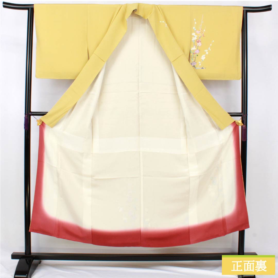 訪問着 正絹 Sランク 袷 身丈149.5cm 裄丈63cm 卵色(たまごいろ) 加賀友禅 手描き 峰山 作家物 草花 黄系 1112007262123