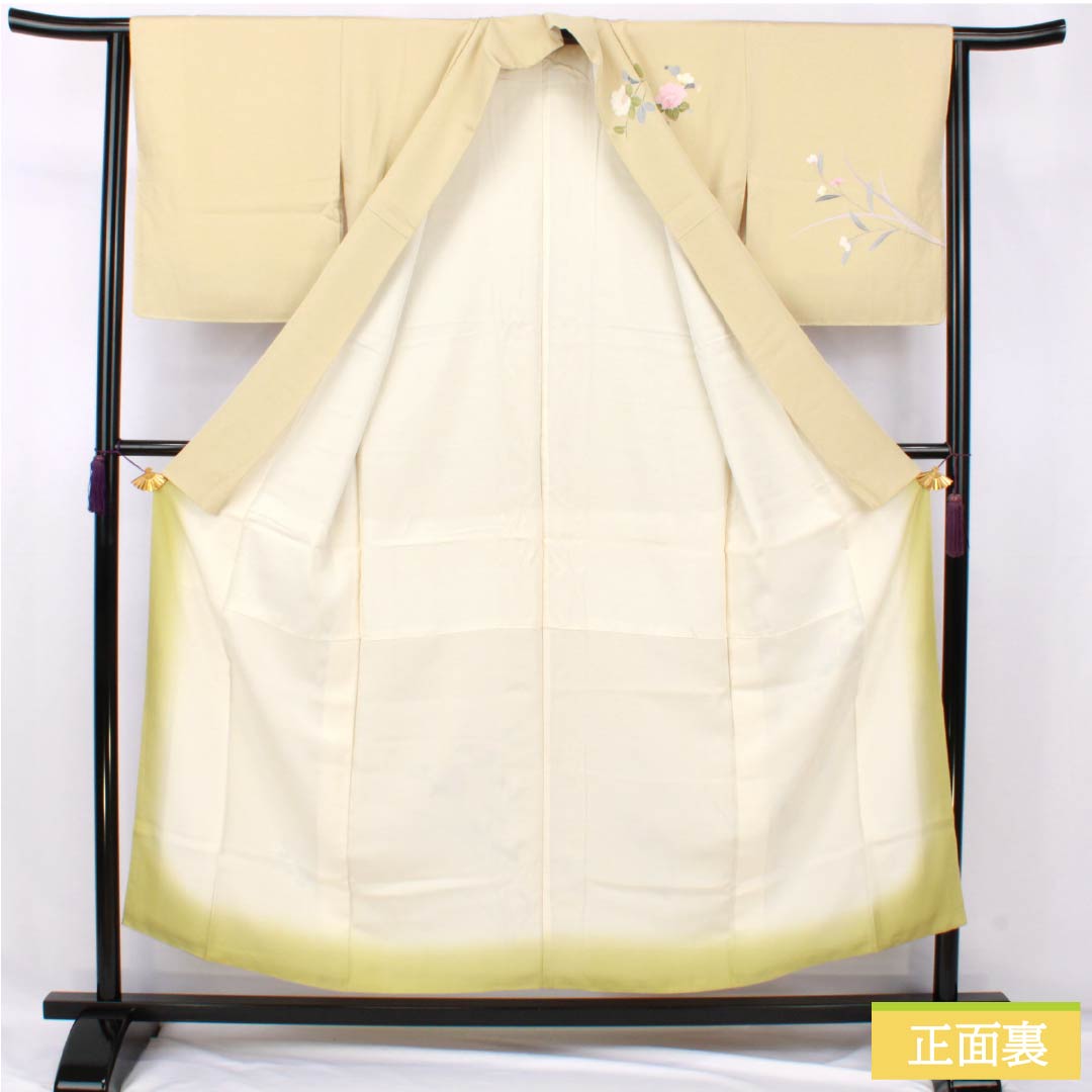 Visiting Kimono, Pure Silk, S Rank, Lined, Length 152.5cm, Sleeve Length 63cm, Light Egg-Colored, Kyoto Yuzen Pattern, Floral and Grass Design, Yellow, Product Number: 1112007182223