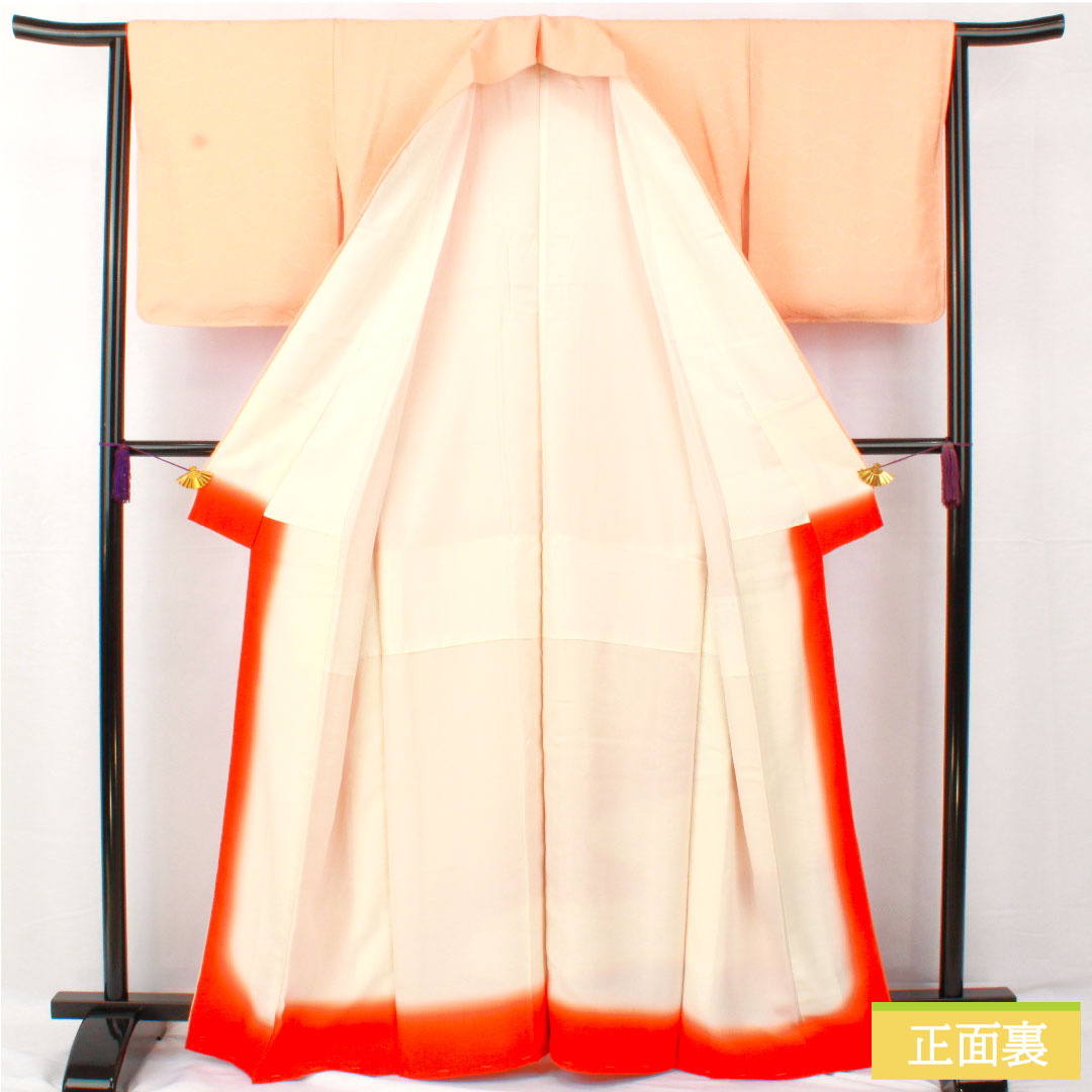 Plain color, pure silk, length 164cm, sleeve length 64.5cm, vermilion color, blurred pattern, lined, S rank, orange, 1114001562426