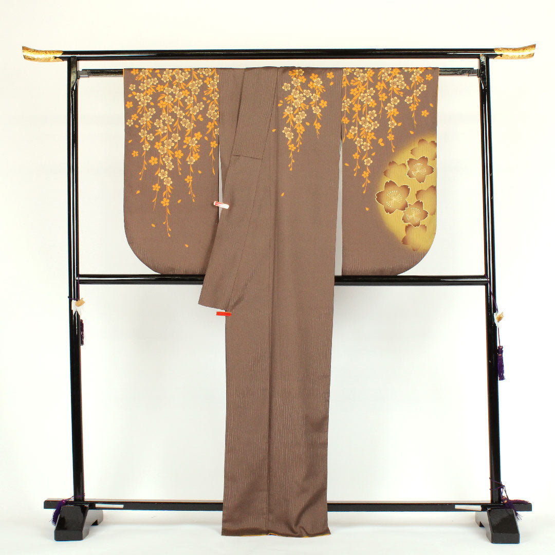Homongi (formal kimono), polyester, lined, length 167cm, sleeve length 67cm, washable, cherry blossom, A rank, brown, 1112000393514